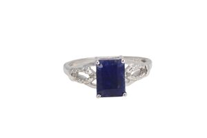 Sterling Silver 1.6ct  Emerald Cut Sapphire & Diamond Ring