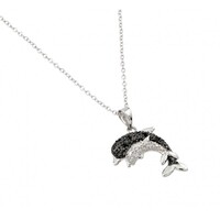 New! Sterling Silver Black & White CZ Dolphins Necklace