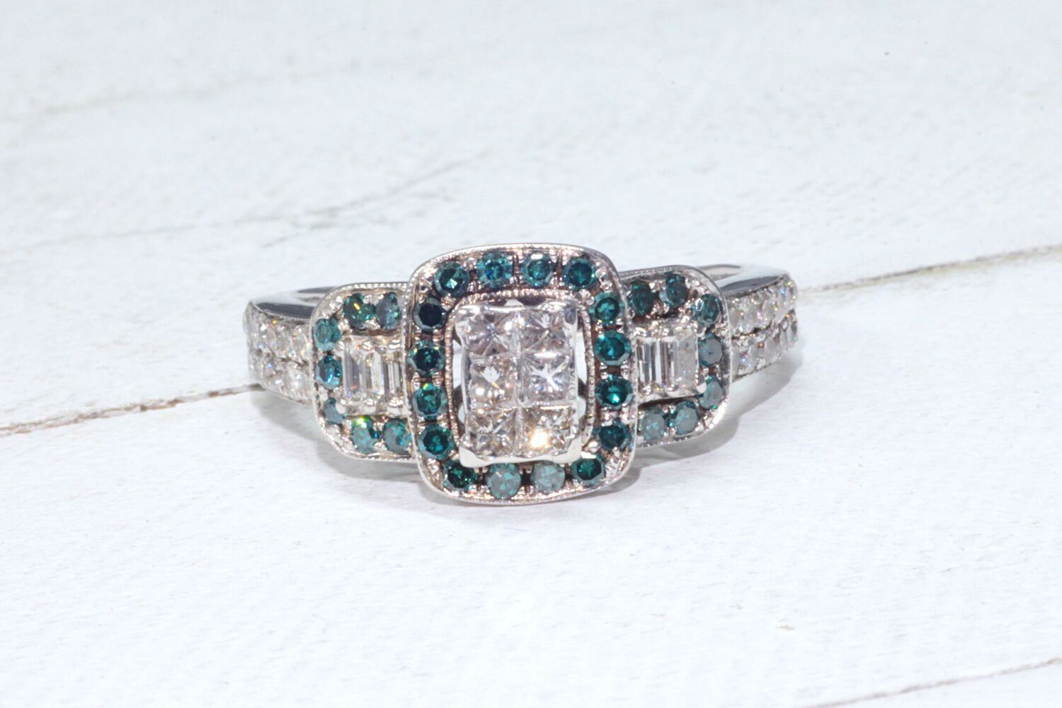  14k White Gold Blue & White Diamond 3 Stone Style Ring