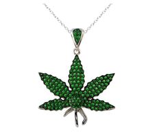 New! Sterling Silver Green CZ Cannabis Leaf Necklace