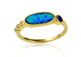 New! Sterling Silver Gold Plated Created Blue Opal & CZ Ring