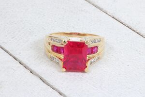  14k Yellow Gold Emerald Cut Created Ruby & Diamond Ring