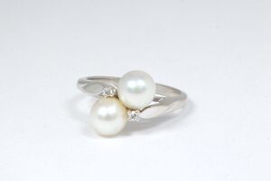  14k White Gold Double Cultured Pearl & Diamond Ring