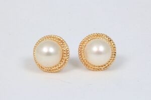  14k Yellow Gold Pearl with Rope Detail Halo Earrings 