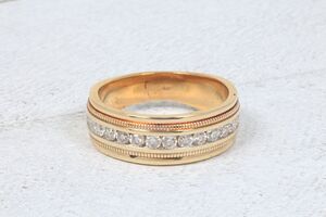  14k Yellow Gold Wide 12 Diamond Band with Miligrain Detailing