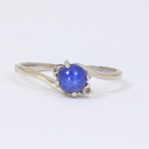  10k White Gold Bypass Style Round Syn. Blue Star Sapphire & Diamond Ring 