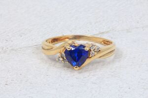  10k Yellow Gold Created Blue Sapphire Heart & CZ Ring
