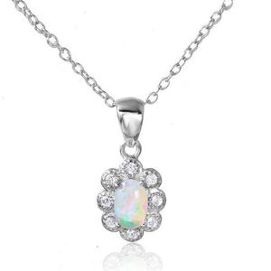 New! Sterling Silver Synthetic Opal w/ CZ Flower Shaped Halo Necklace