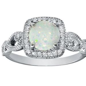 New! Sterling Silver Square Shape CZ Halo & Synthetic Opal Ring