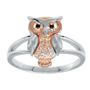 New! Sterling Silver Two Tone CZ Owl Ring