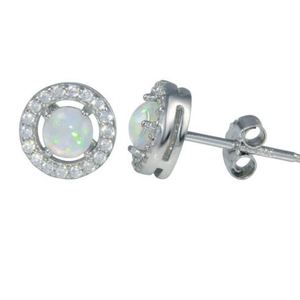 New! Sterling Silver Synthetic Opal w/ CZ Halo Stud Earrings