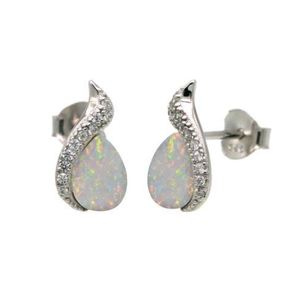 New! Sterling Silver Synthetic Pear Cut Opal & CZ Stud Earrings