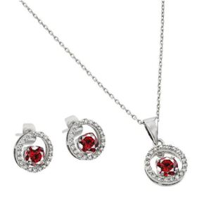 New! Sterling Silver Red CZ w/ Halo Earring & Necklace Set