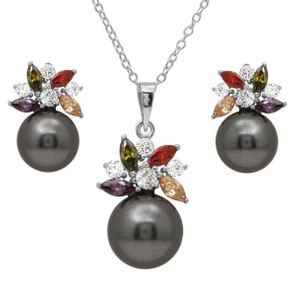 New! Sterling Silver Syn. Black Pearl w/ Multi Colored CZ Earring & Necklace Set