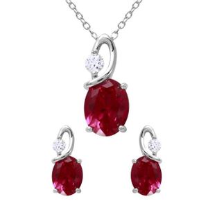 New! Sterling Silver Oval Red CZ Twist Earring & Necklace Set
