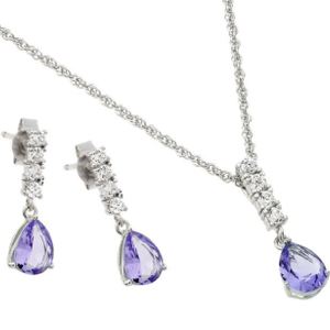New! Sterling Silver Lavender Pear & White CZ Drop Earring & Necklace Set