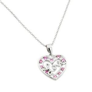 New! Sterling Silver Pink CZ Open Heart Love Word Necklace