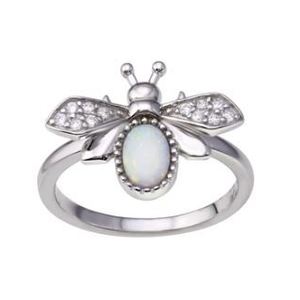 New! Sterling Silver Synthetic Opal & CZ Bee Ring