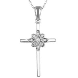 New! Sterling Silver CZ Cross w/ Flower Design Necklace