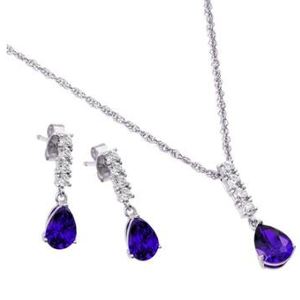 New! Sterling Silver Blue Pear & White CZ Drop Earring and Necklace Set